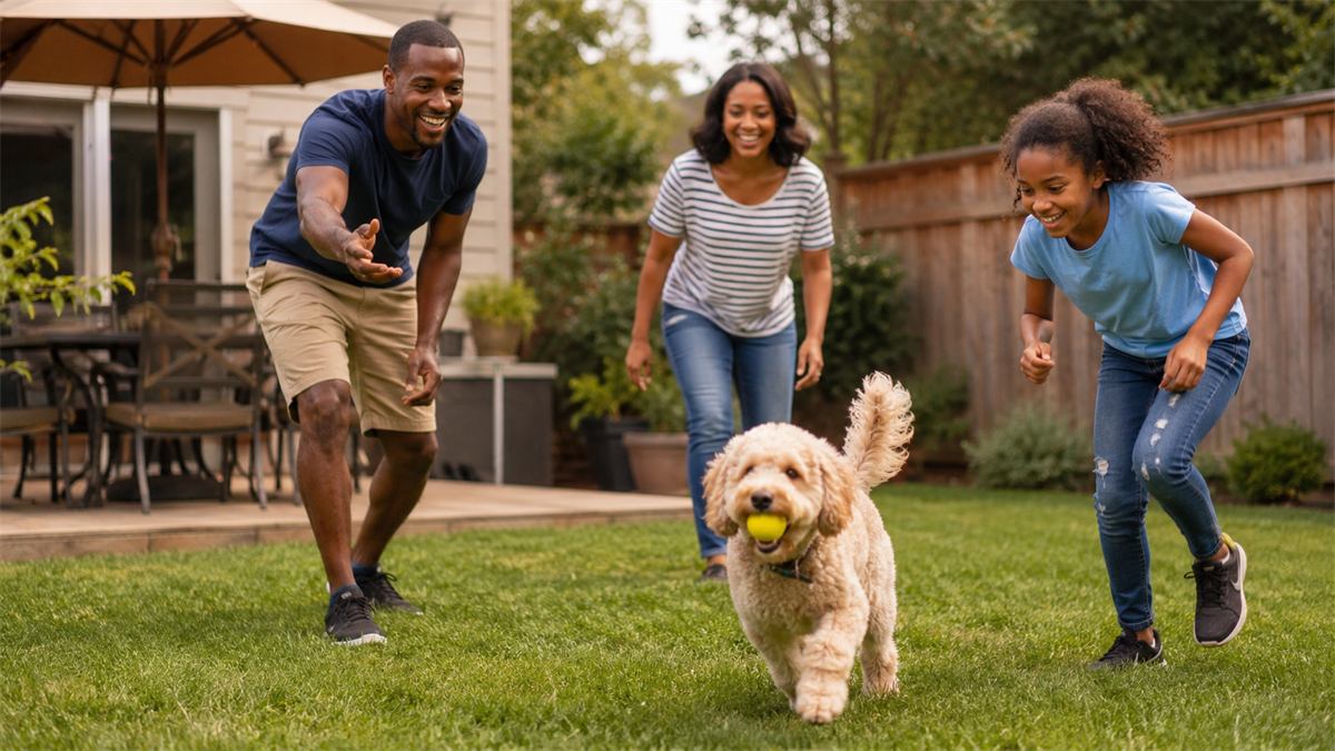 A family playing with their dog in a clean backyard