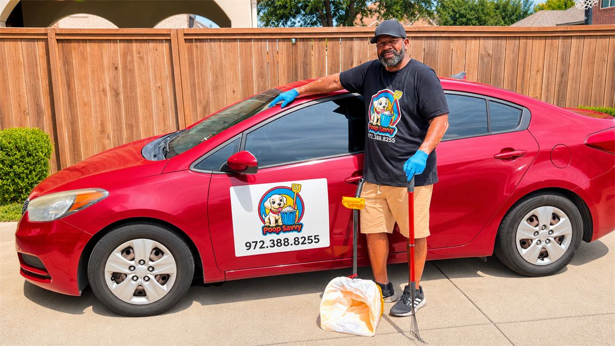 The friendly Poop Savvy owner ready to service a yard