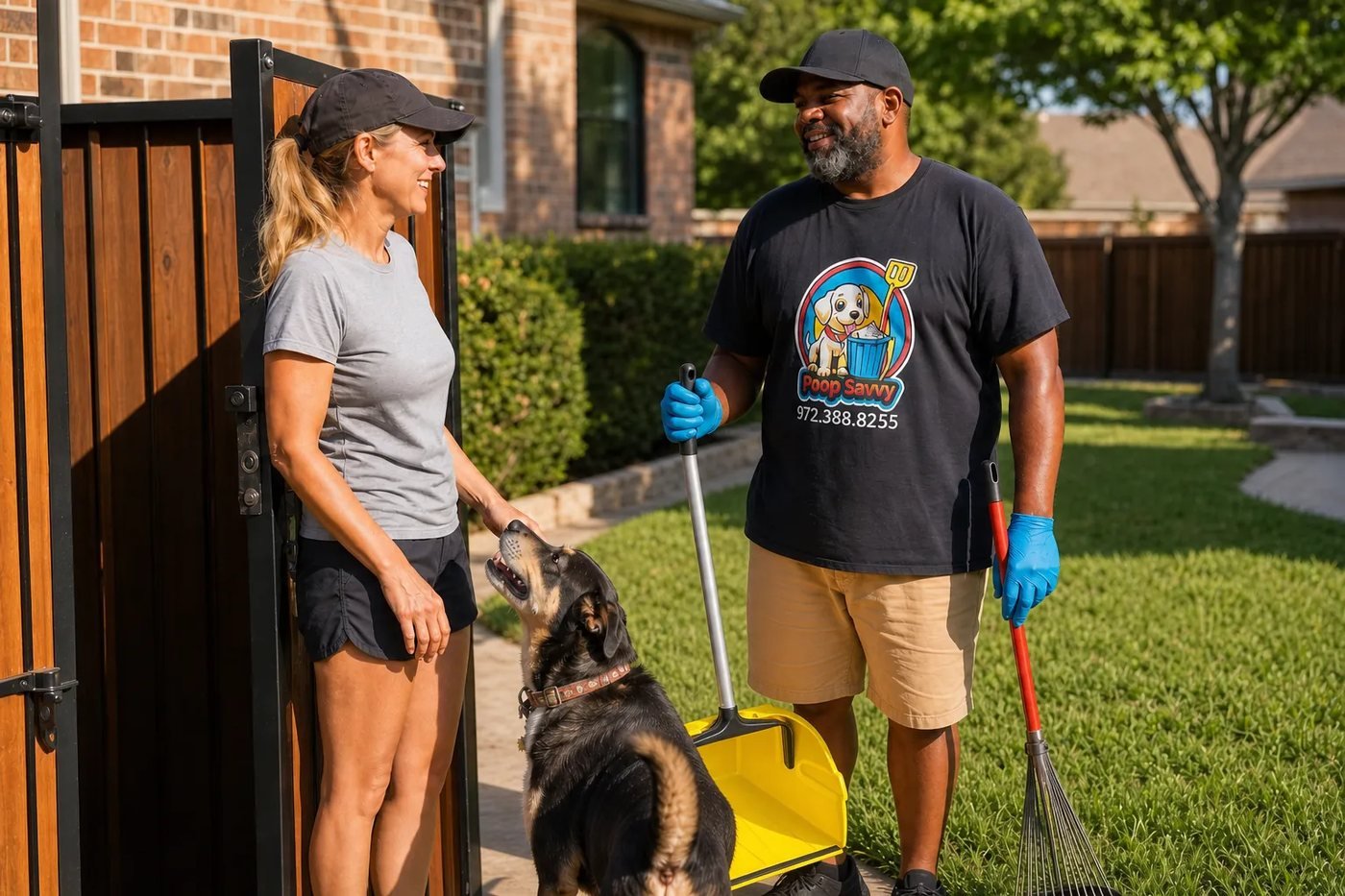 Uniformed Poop Savvy technician greeting a homeowner at her gate with the family dog nearby