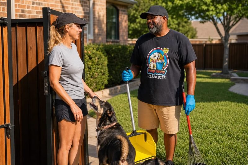 Poop Savvy technician in uniform and gloves meeting a homeowner at her back gate while her dog watches