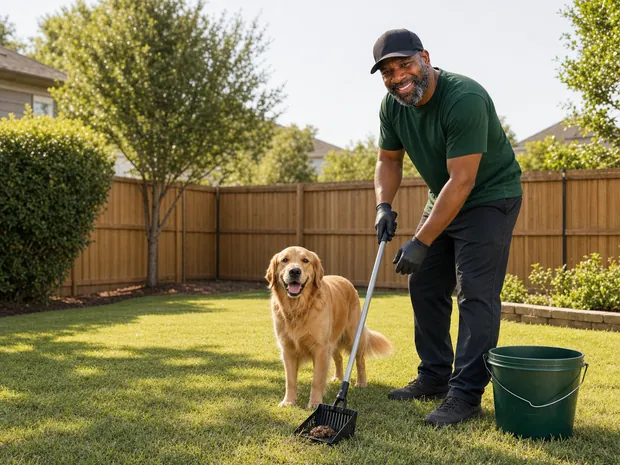 Josh from Poop Savvy working in a customer yard